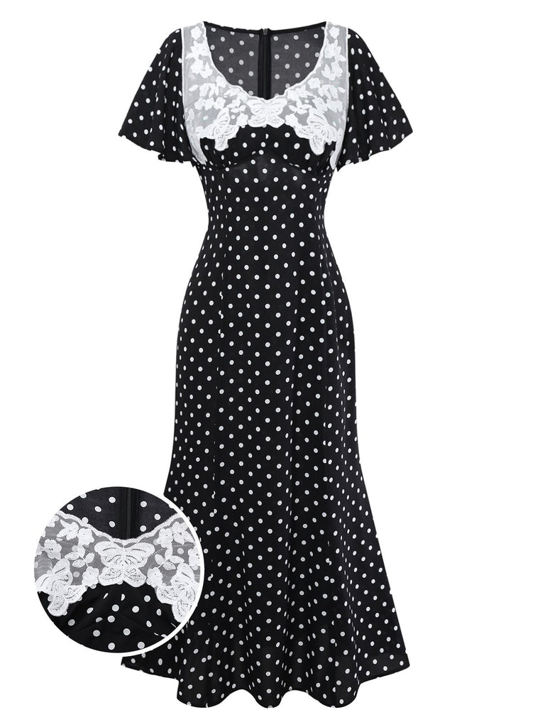 [Pre-Sale] Black 1930s Lace Trim Polka Dot Dress