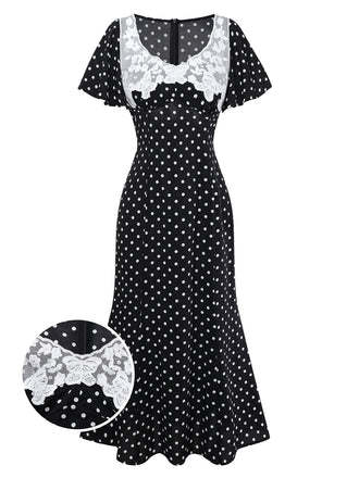 [Pre-Sale] Black 1930s Lace Trim Polka Dot Dress