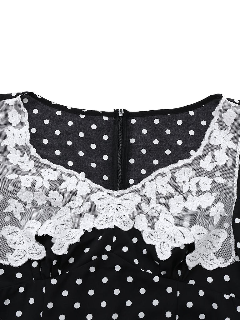 [Pre-Sale] Black 1930s Lace Trim Polka Dot Dress