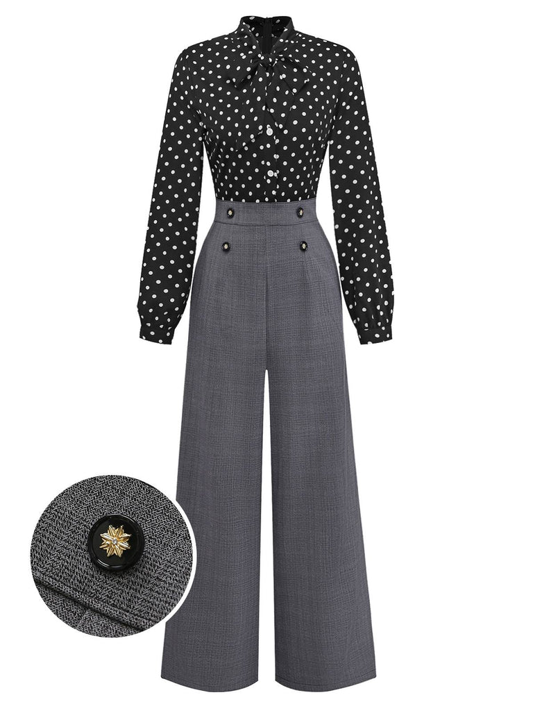 [Pre-Sale] Black 1950s Polka Dot Patchwork Tie Neck Jumpsuit