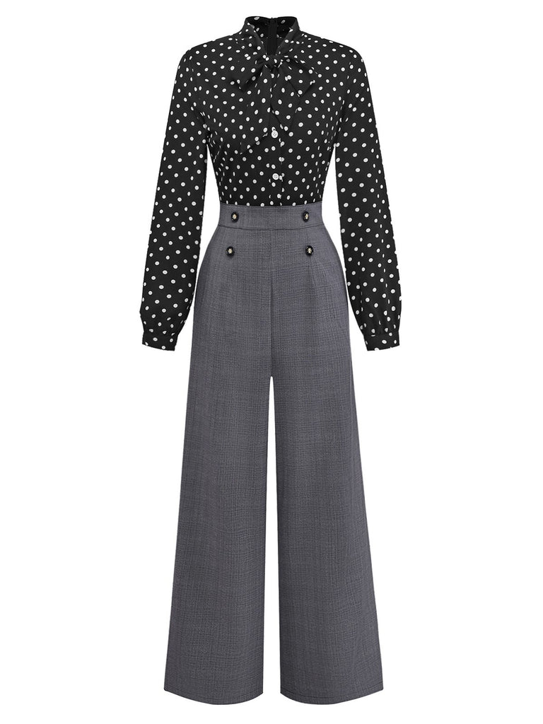 [Pre-Sale] Black 1950s Polka Dot Patchwork Tie Neck Jumpsuit