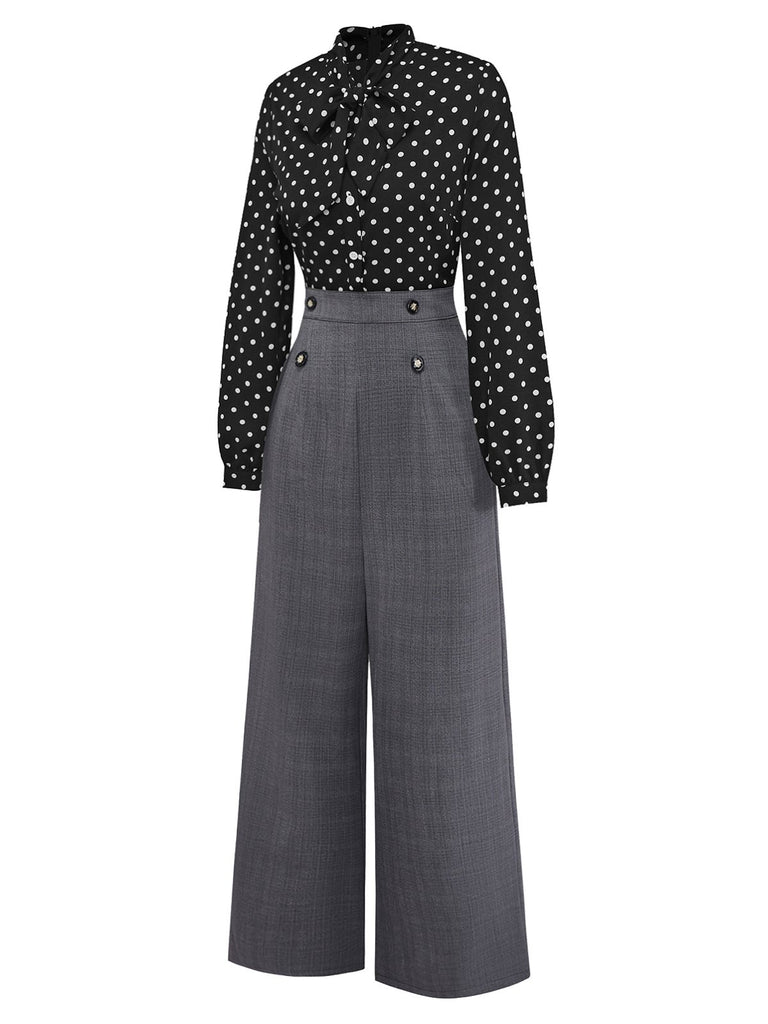 [Pre-Sale] Black 1950s Polka Dot Patchwork Tie Neck Jumpsuit