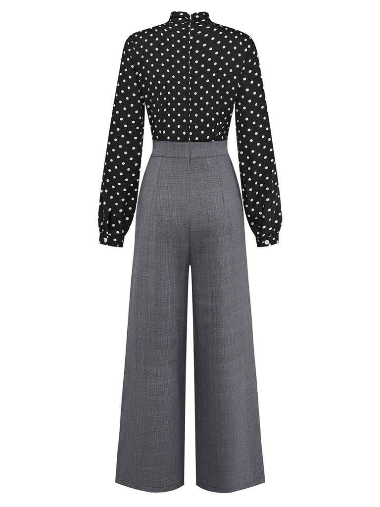 [Pre-Sale] Black 1950s Polka Dot Patchwork Tie Neck Jumpsuit