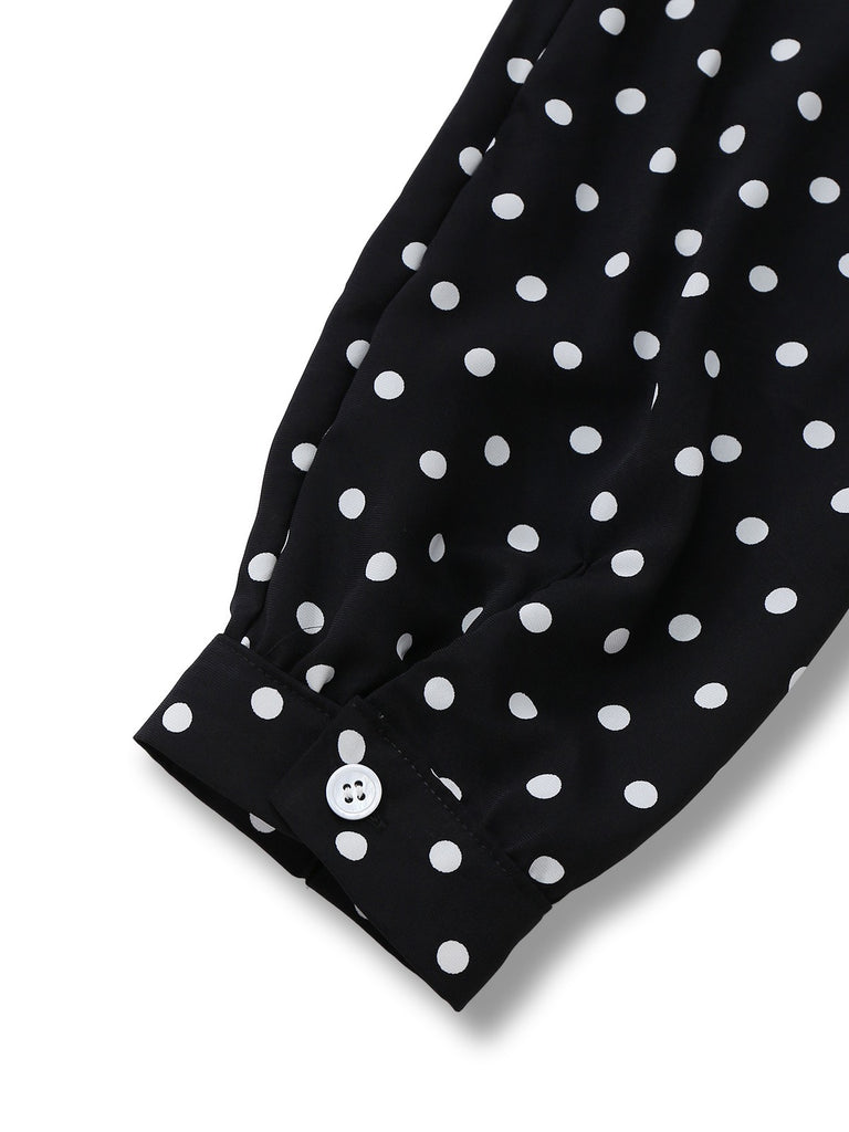 [Pre-Sale] Black 1950s Polka Dot Patchwork Tie Neck Jumpsuit