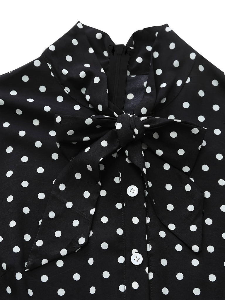 [Pre-Sale] Black 1950s Polka Dot Patchwork Tie Neck Jumpsuit