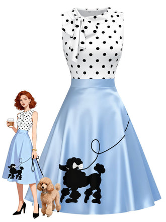 [Pre-Sale] Blue 1950s Poodle Polka Dot Color Block Bow Dress