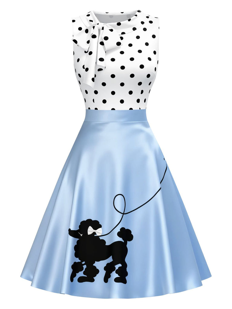 [Pre-Sale] Blue 1950s Poodle Polka Dot Color Block Bow Dress