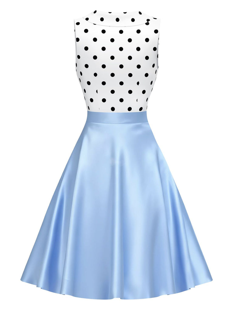 [Pre-Sale] Blue 1950s Poodle Polka Dot Color Block Bow Dress