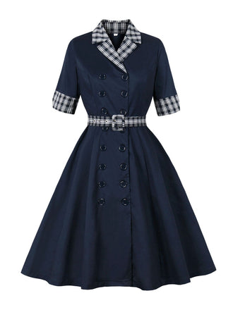Blue 1950s Double Breasted Plaid Lapel Belted Dress