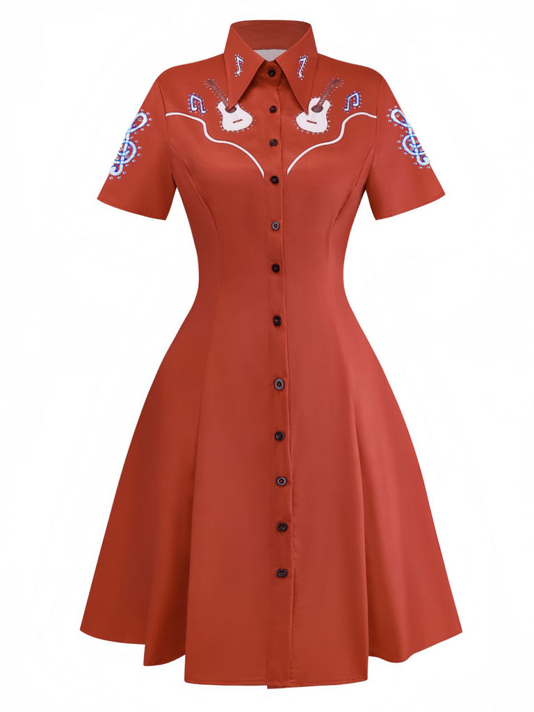 Red 1950s Guitar & Notes Lapel Dress
