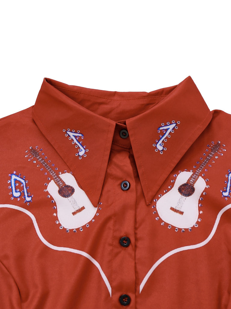 Red 1950s Guitar & Notes Lapel Dress