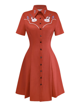 Red 1950s Guitar & Notes Lapel Dress