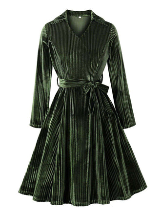 Green 1950s Christmas Corduroy Long Sleeve Dress