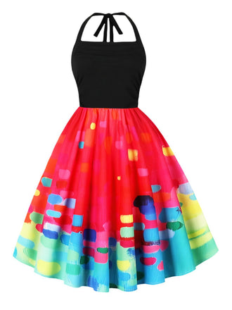 Red 1950s Psychedelic Painting Prints Halter Dress