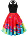 Red 1950s Psychedelic Painting Prints Halter Dress