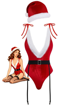1970s Deep V-Neck Christmas Plush Bodysuit With Hat
