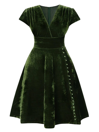 [Pre-Sale] [Plus Size] Green 1940s Deep V-Neck Pearl Velvet Dress