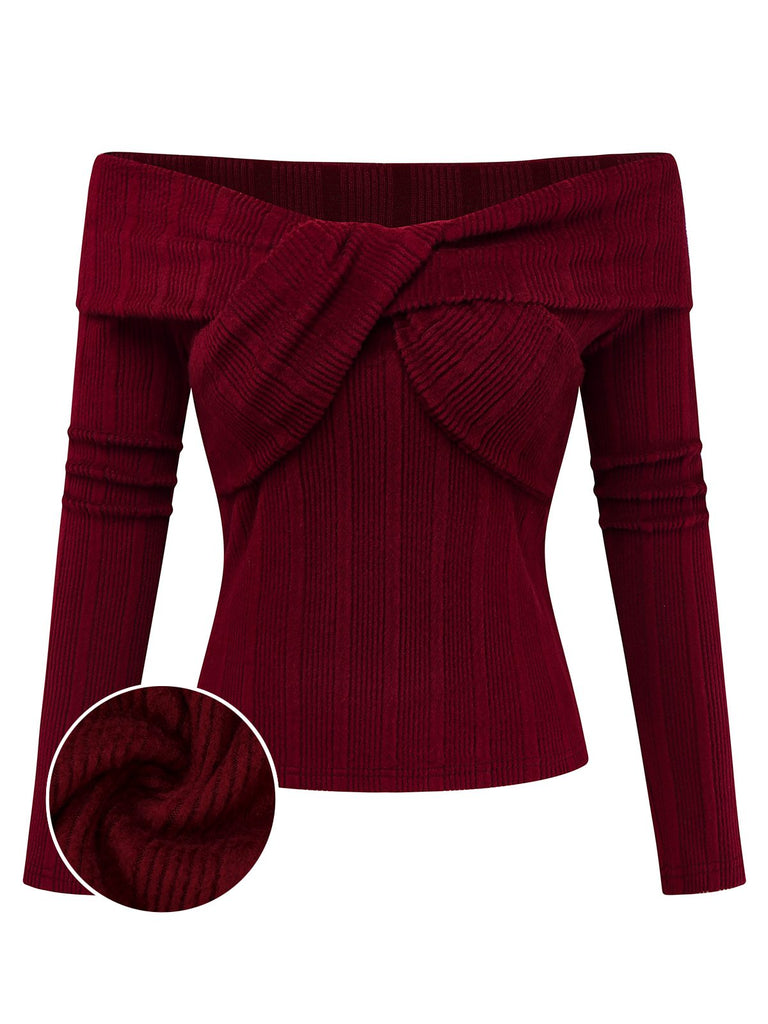[Pre-Sale] Wine Red 1960s Off-Shoulder Twisted Knit Top