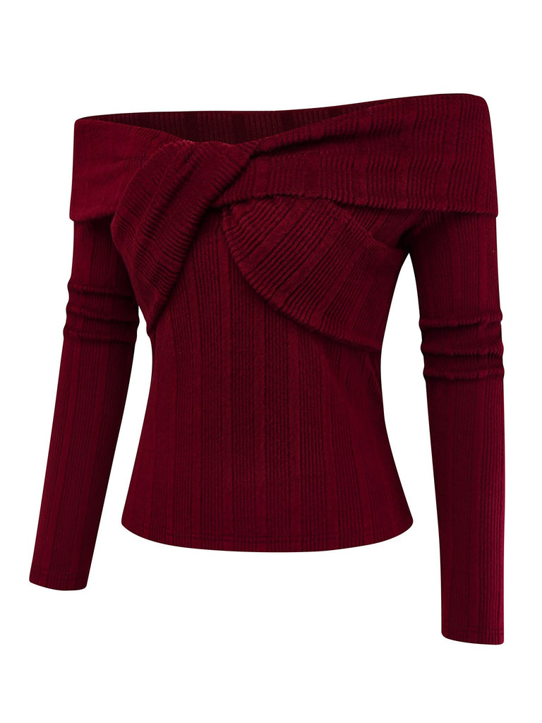 [Pre-Sale] 2PCS Red & Gray 1960s Twisted Knit Top & Pleated Skirt