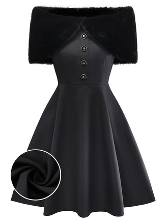 [Pre-Sale] Black 1950s Solid Plush Cape Buttoned Dress