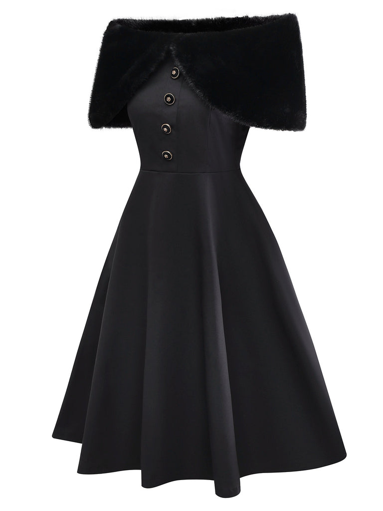 [Pre-Sale] Black 1950s Solid Plush Cape Buttoned Dress