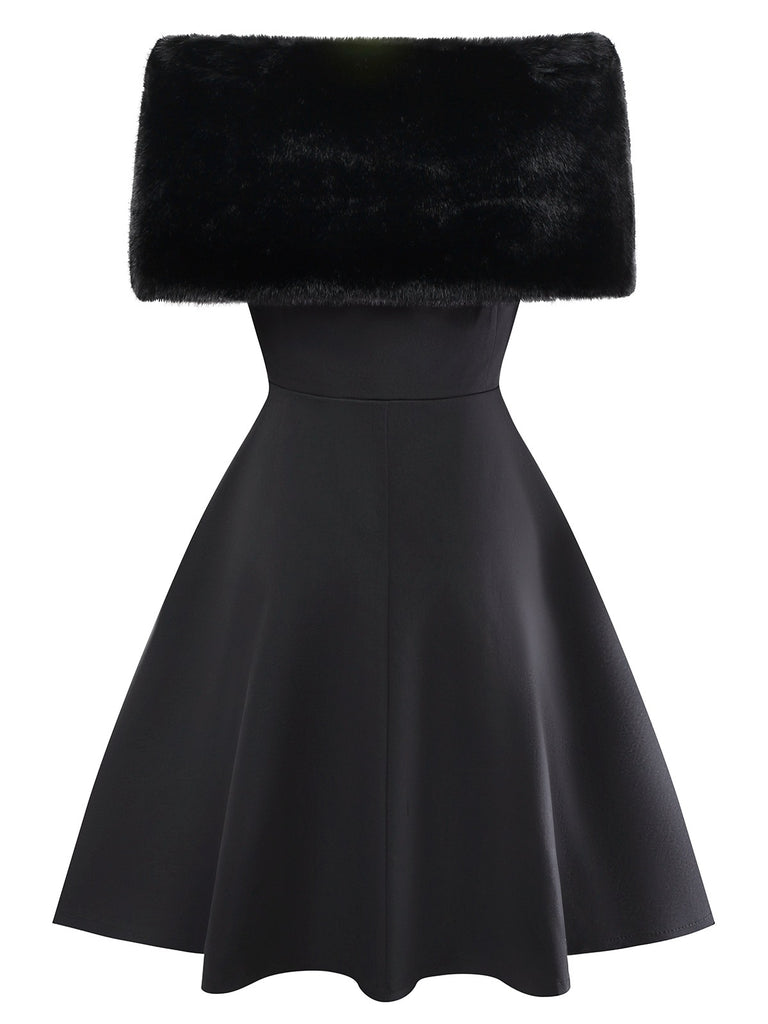 [Pre-Sale] Black 1950s Solid Plush Cape Buttoned Dress