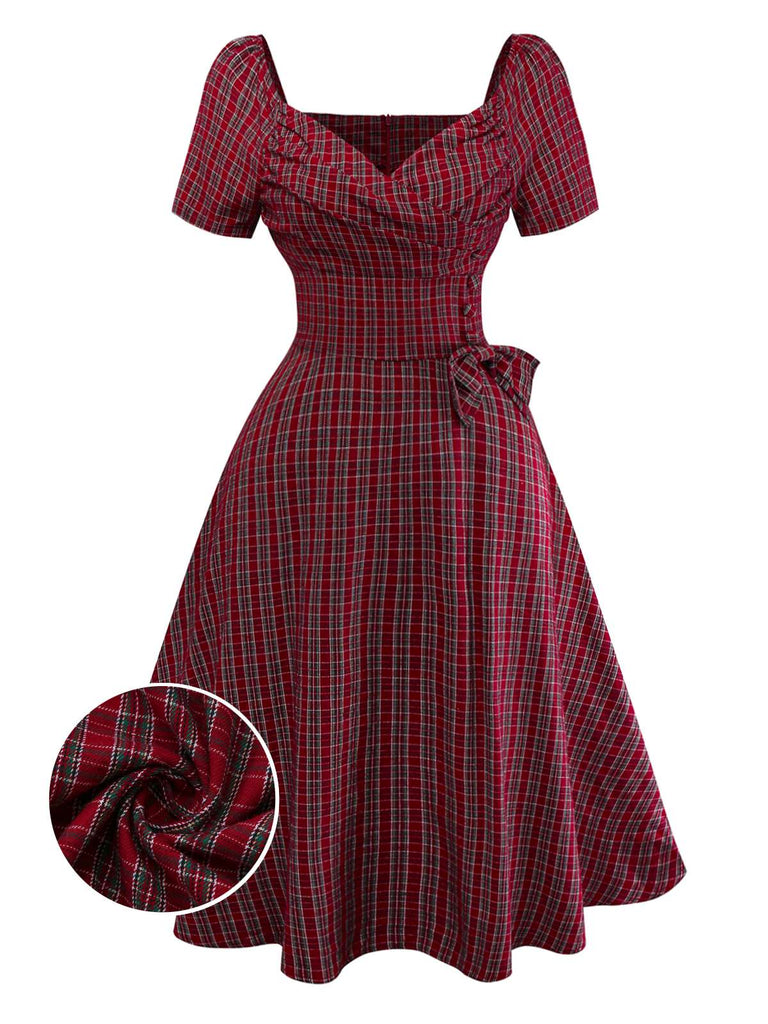 Red 1950s Plaid Ruched Sweetheart Neck Bow Dress