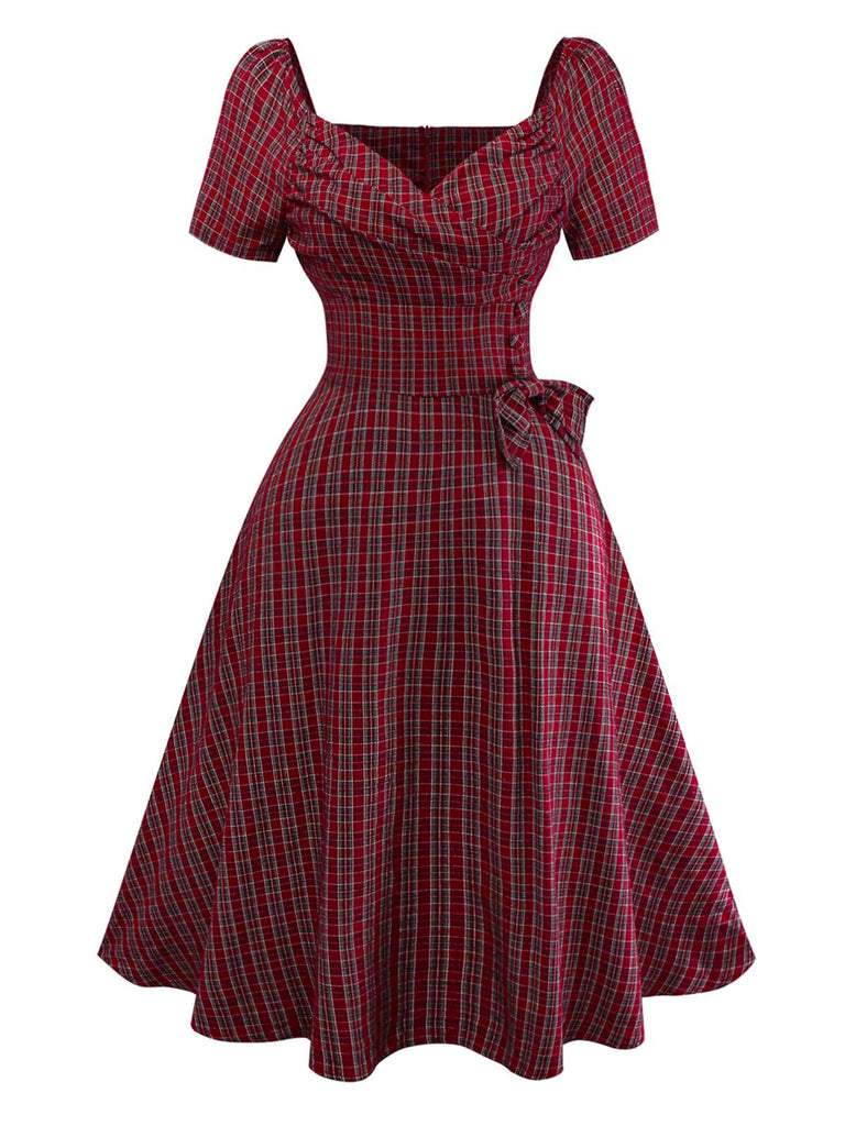 Red 1950s Plaid Ruched Sweetheart Neck Bow Dress
