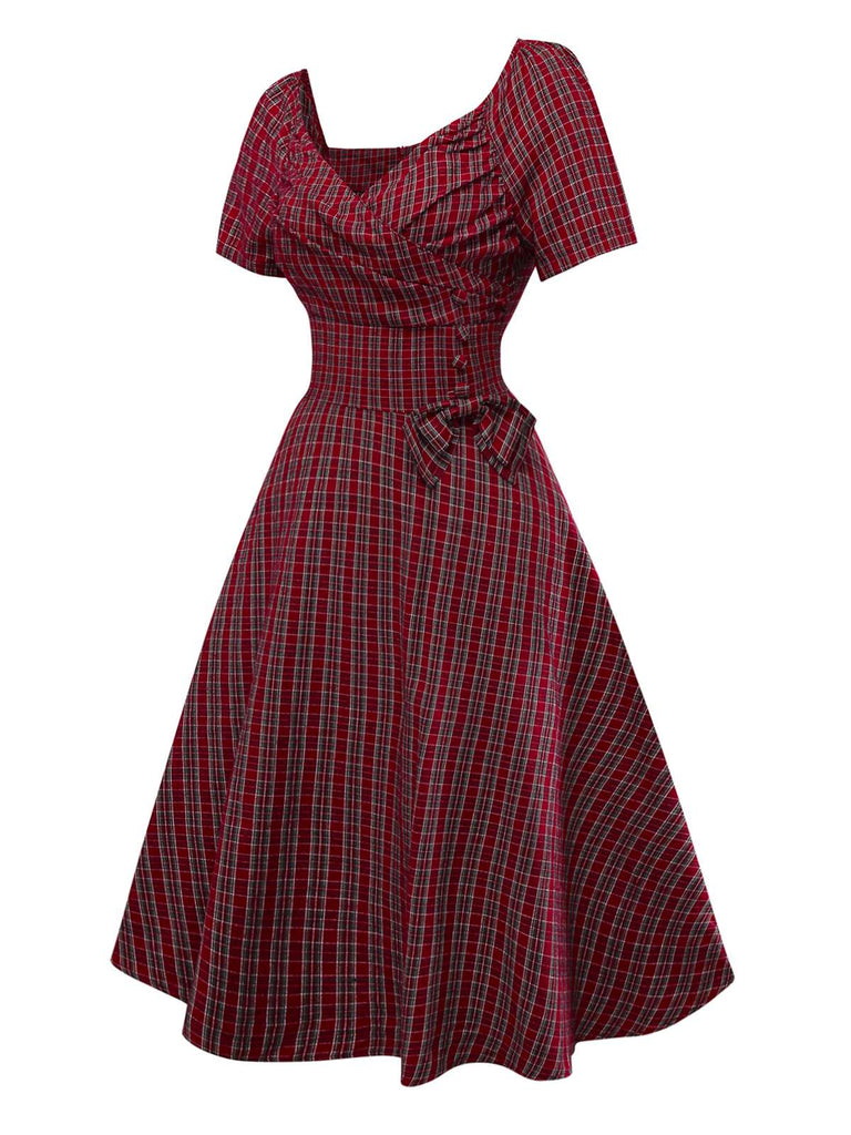 Red 1950s Plaid Ruched Sweetheart Neck Bow Dress