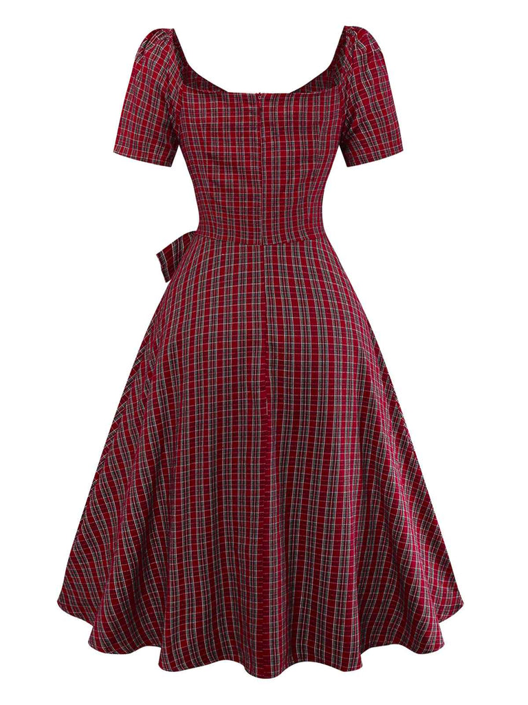 Red 1950s Plaid Ruched Sweetheart Neck Bow Dress