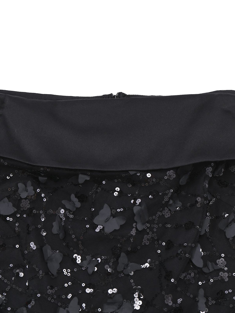 [Pre-Sale] Black 1970s Lace Rose Sequin Off Shoulder Midi Dress