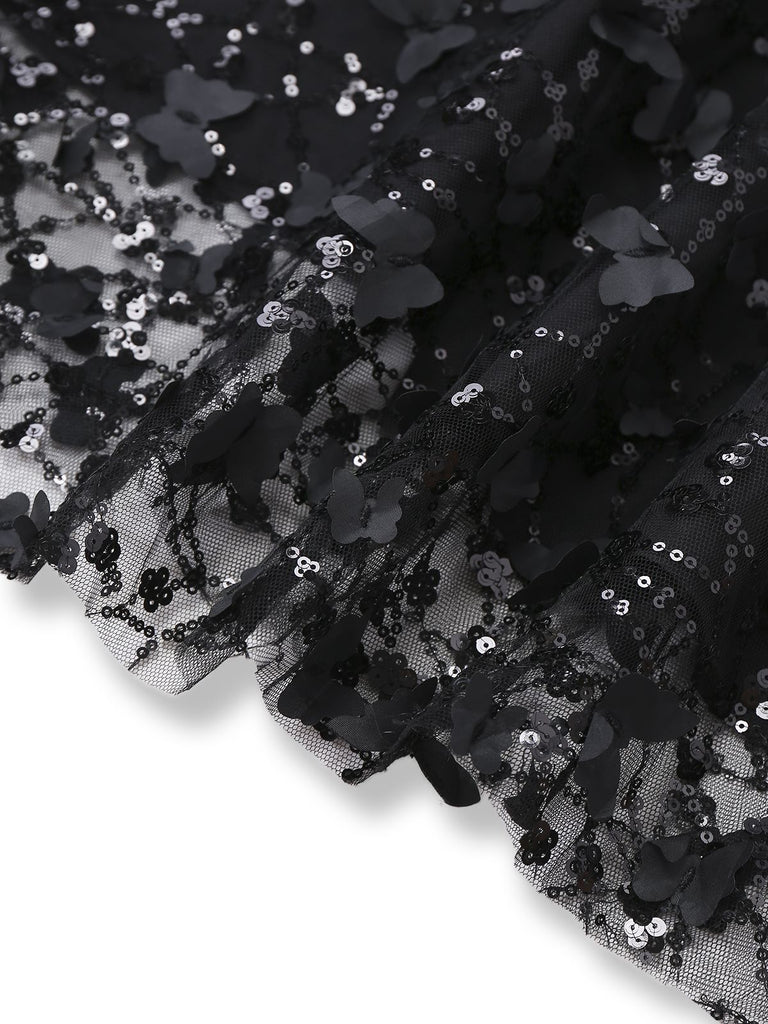 [Pre-Sale] Black 1970s Lace Rose Sequin Off Shoulder Midi Dress