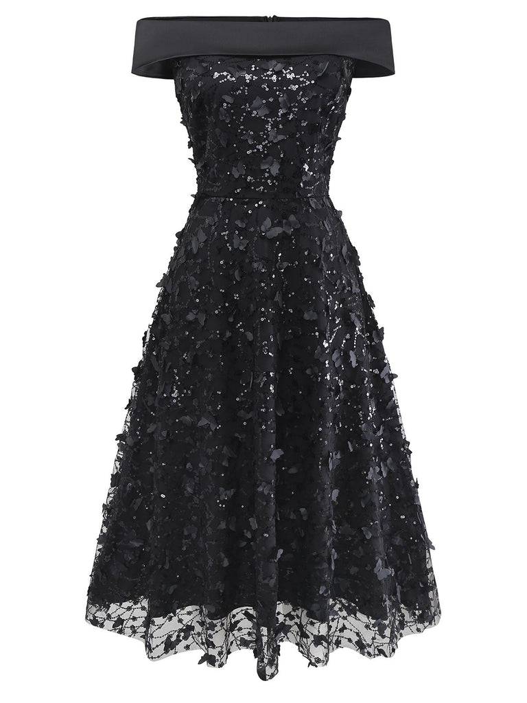 [Pre-Sale] Black 1970s Lace Rose Sequin Off Shoulder Midi Dress