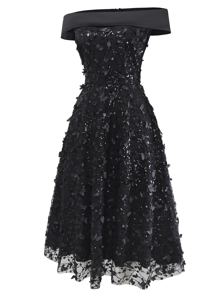 [Pre-Sale] Black 1970s Lace Rose Sequin Off Shoulder Midi Dress
