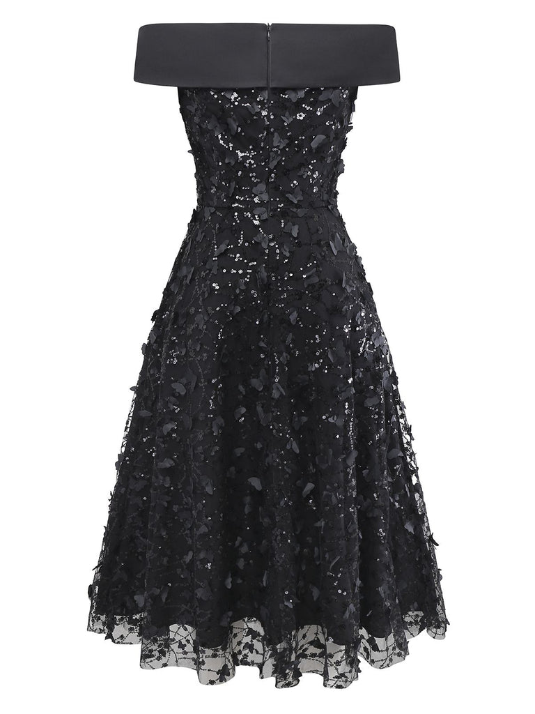 [Pre-Sale] Black 1970s Lace Rose Sequin Off Shoulder Midi Dress
