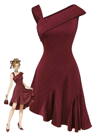 Wine Red 1960s Satin Rhinestone Off-Shoulder Dress