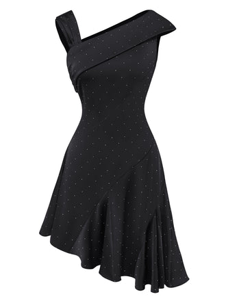 [Pre-Sale] Black 1960s Satin Rhinestone Off-Shoulder Dress