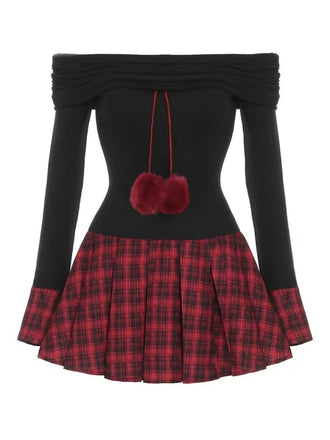 Black 1960s Tartan Plaid Off-Shoulder Pleated Dress