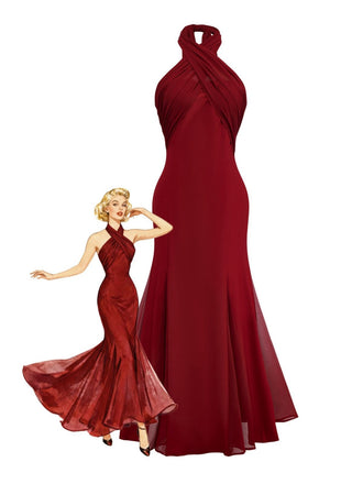 1930s Solid Chiffon Criss Cross Strapless Convertible Dress