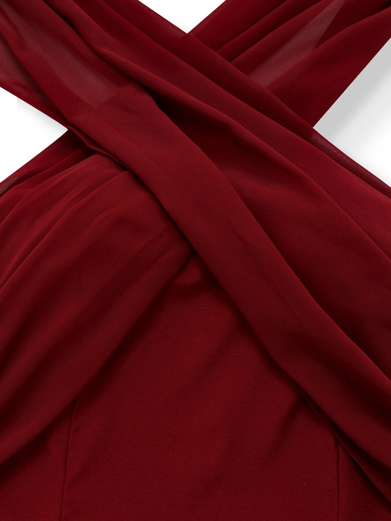 1930s Solid Chiffon Criss Cross Strapless Convertible Dress