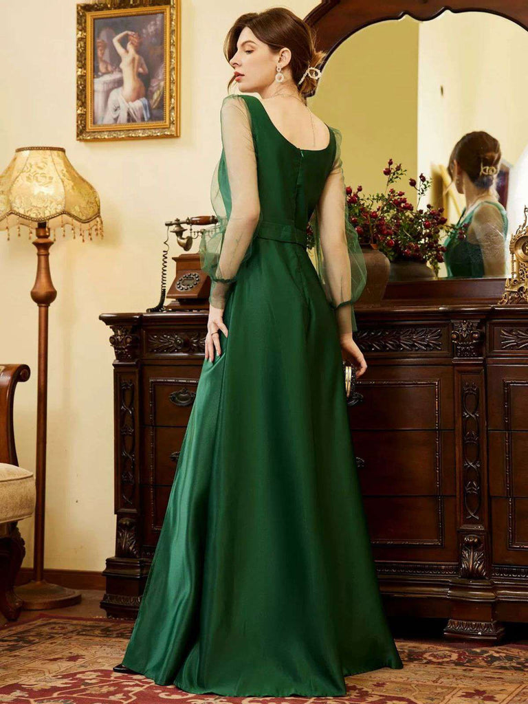 Green 1930s Illusion Sleeve Satin Slit Dress