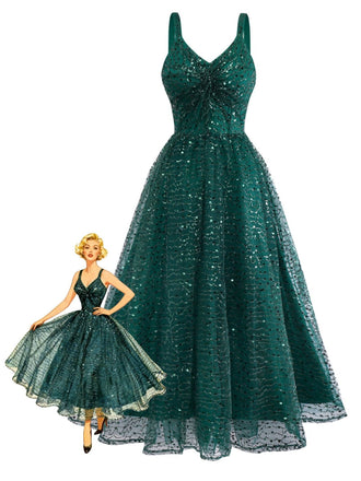Green 1930s Twisted Sequin Mesh Dress