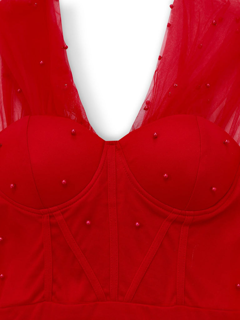 1960s Beading Sweetheart Neck Off-Shoulder Mesh Dress