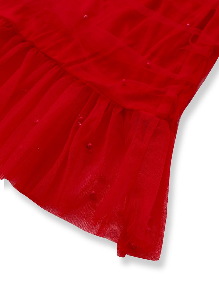 1960s Beading Sweetheart Neck Off-Shoulder Mesh Dress