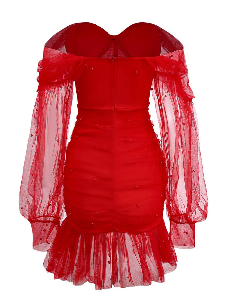 1960s Beading Sweetheart Neck Off-Shoulder Mesh Dress