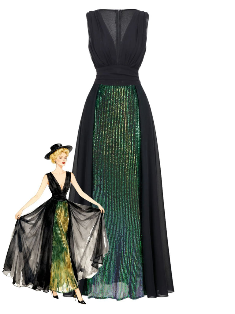 Green 1930s Sequin Deep V Tulle Sleeveless Dress