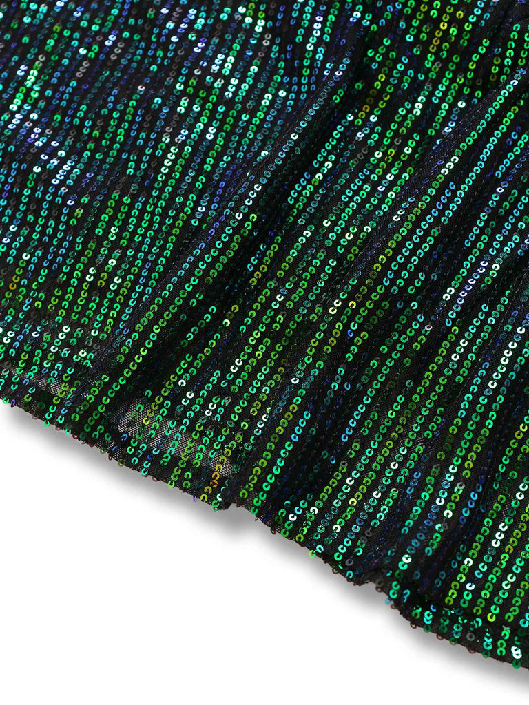 Green 1930s Sequin Deep V Tulle Sleeveless Dress