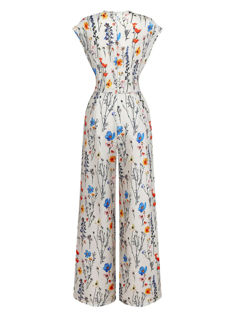 Beige 1950s Floral V-Neck Cap Sleeve Jumpsuit