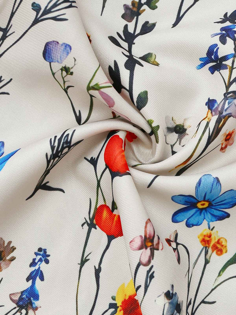 Beige 1950s Floral V-Neck Cap Sleeve Jumpsuit