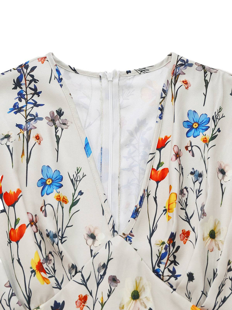 Beige 1950s Floral V-Neck Cap Sleeve Jumpsuit